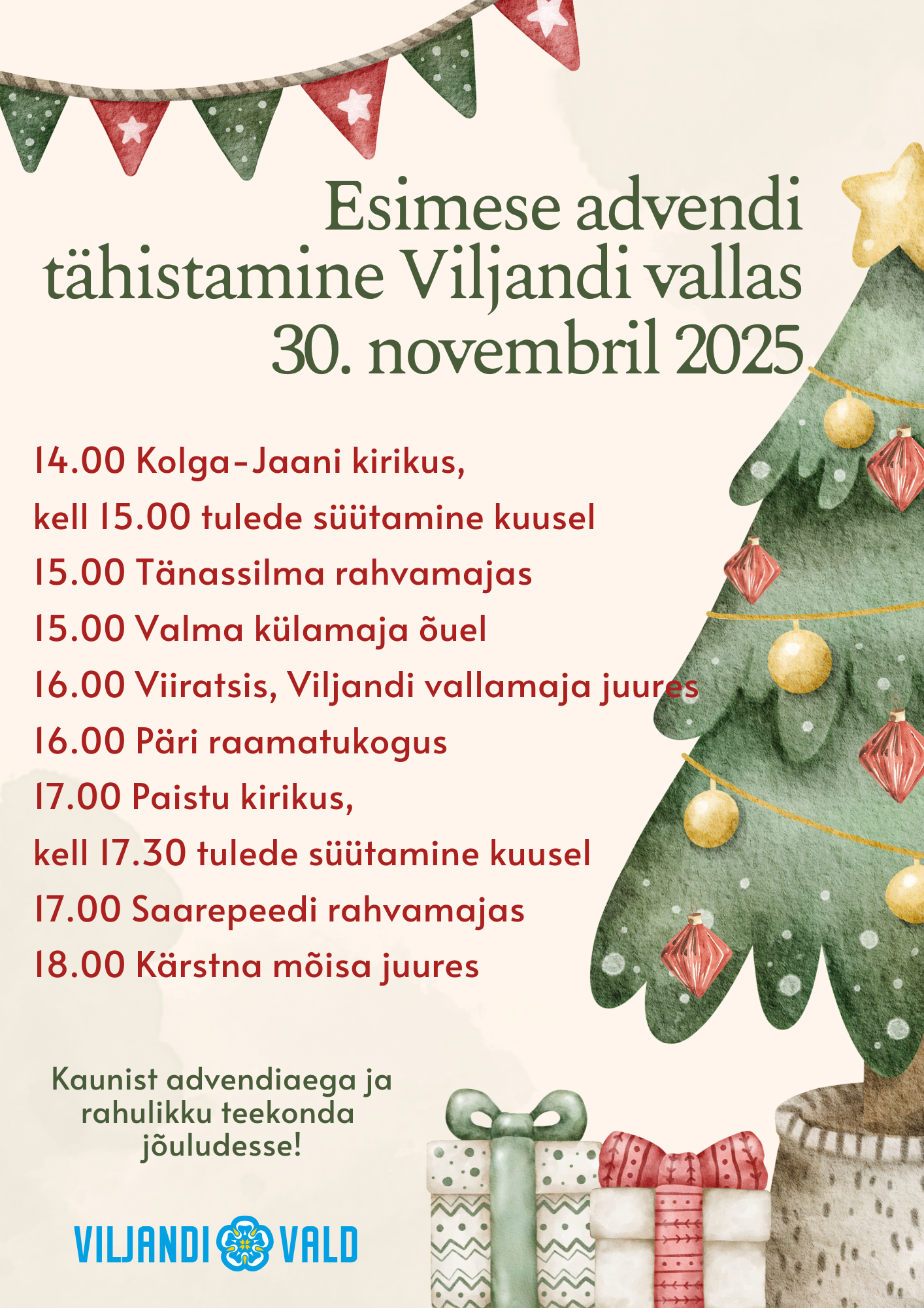 kujundatud kuulutus advendisündmustest Viljandi vallas