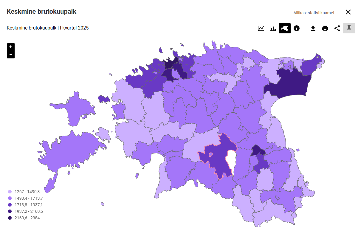 Kuvatõmmis Statistikaameti lehelt, millel on Eesti kaart märgitud piirkondadega keskmise brutokuupalgaga 